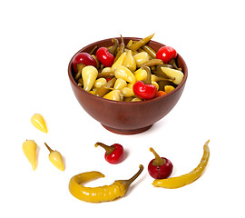 Image showing Mix of hot turkish marinated peppers in ceramic bowl