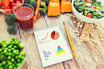 Image showing close up of ripe vegetables and notebook on table