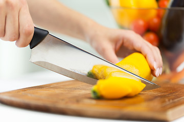 Image showing close up of hands chopping squash with knife