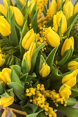 Image showing Bright spring bouquet of tulips and mimosa flowers