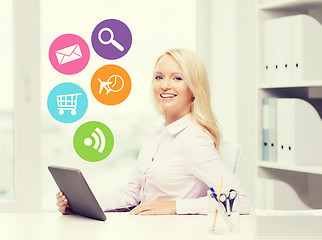 Image showing smiling businesswoman or student with tablet pc