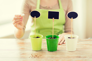 Image showing close up of woman over pots with soil and signs