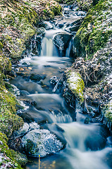 Image showing The flow of water in the spring of icicles and ice