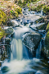 Image showing The flow of water in the spring of icicles and ice