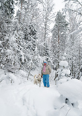 Image showing The woman with a dog on walk in a winter wood