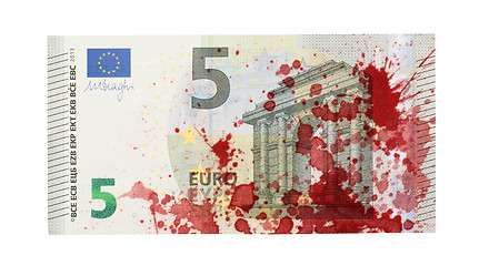 Image showing Close-up of a 5 euro bank note, stained with blood