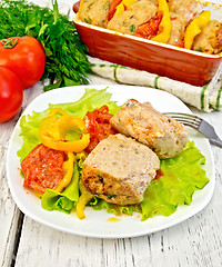 Image showing Cutlets of turkey with lettuce in plate on board