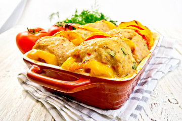 Image showing Cutlets of turkey with tomatoes in pan on board