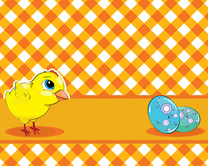 Image showing Vector Chicken and painted eggs on a checkered background. Easte