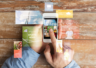 Image showing close up of male hands with smartphone on table