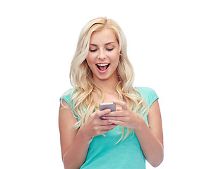 Image showing happy young woman or teenage girl with smartphone