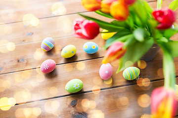 Image showing close up of easter eggs and flowers in bucket