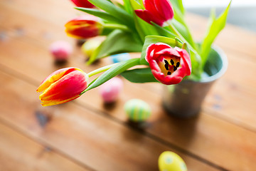 Image showing close up of easter eggs and flowers in bucket