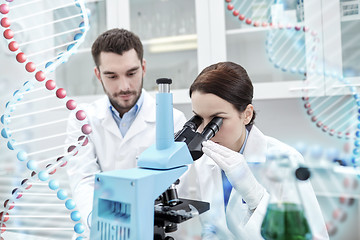 Image showing scientists with microscope making test in lab