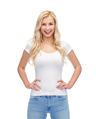 Image showing happy young woman or teenage girl in white t-shirt