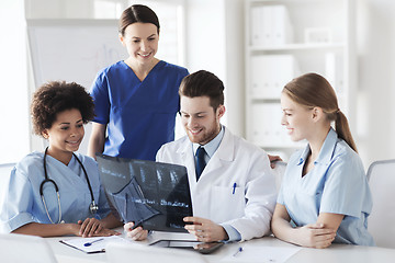 Image showing group of happy doctors discussing x-ray image