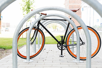 Image showing close up of fixed gear bicycle at street parking