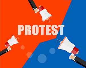 Image showing Hands holding protest signs and bullhorn, crowd of people protesters background, political, politic crisis poster, fists, revolution placard concept symbol flat style modern design vector illustration