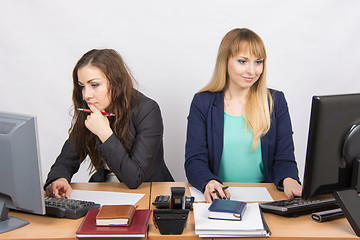 Image showing Two office employee working on a computer at the same desk