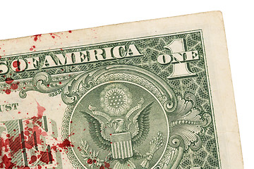 Image showing US one Dollar bill, close up, blood