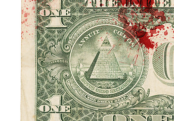 Image showing US one Dollar bill, close up, blood