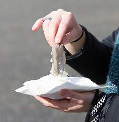 Image showing Dutch woman is eating typical raw herring