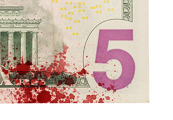 Image showing US five Dollar bill, close up, blood