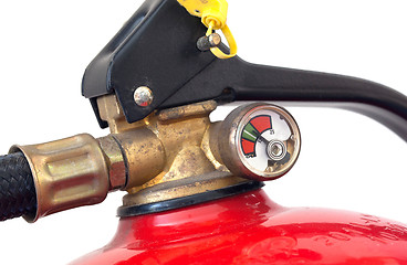 Image showing Dusty fire extinguisher fully charged, selective focus