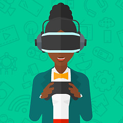 Image showing Woman wearing virtual reality headset.