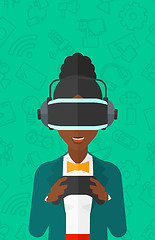 Image showing Woman wearing virtual reality headset.