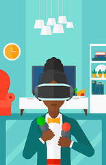 Image showing Woman wearing virtual reality headset.