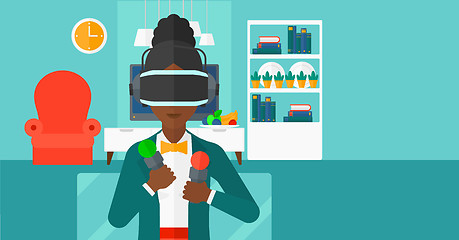 Image showing Woman wearing virtual reality headset.