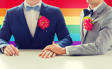 Image showing close up of happy male gay couple holding hands