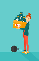 Image showing Chained woman with bags full of taxes. 