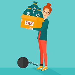 Image showing Chained woman with bags full of taxes. 