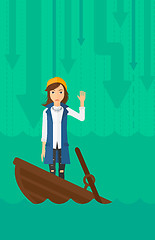 Image showing Business woman standing in sinking boat.