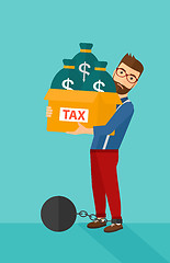 Image showing Chained man with bags full of taxes. 