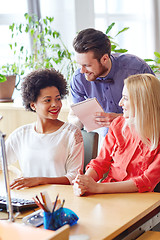 Image showing happy creative team with computer in office