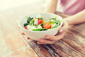 Image showing close up of young woman hands showing salad bowl