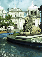 Image showing lion state  fountain by statue Maximo Jerez Cathedral of Leon Ni