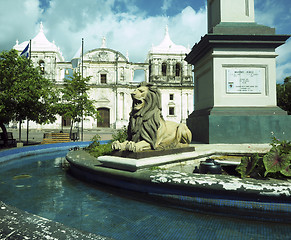 Image showing lion state  fountain by statue Maximo Jerez Cathedral of Leon Ni