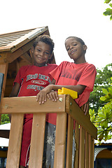 Image showing editorial boys play outdoors in Big Corn Island Nicaragua