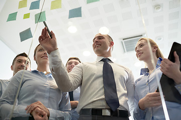 Image showing smiling business people with marker and stickers