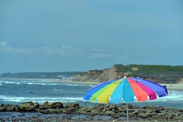 Image showing colorful umbrella Ditch Plains surf beach Montauk, Long Island, 