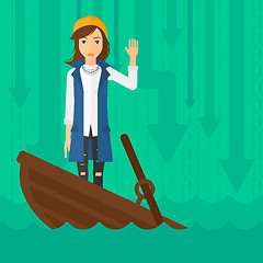 Image showing Business woman standing in sinking boat.