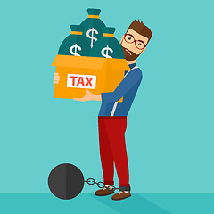 Image showing Chained man with bags full of taxes. 