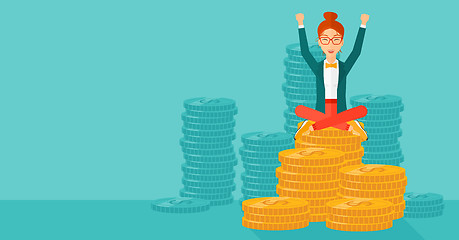 Image showing  Happy business woman sitting on coins.