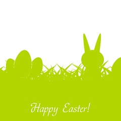 Image showing Green Easter rabbit, eggs and grass