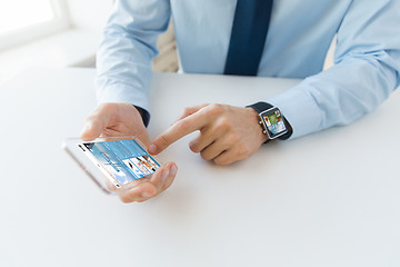 Image showing close up of hands with smart phone and watch