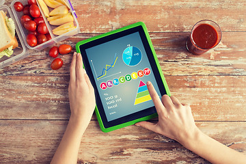 Image showing close up of woman with tablet pc counting calories